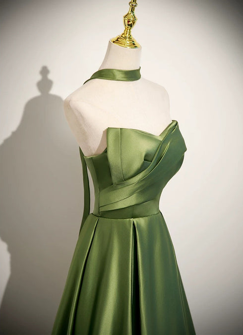 Green A-line Satin Simple Evening Dress, Green Long Prom Dress Formal Dress
